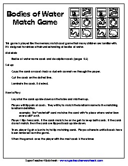 Bodies of Water Match Game Landforms Worksheet