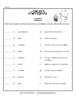 Vocabulary Match: Chapters 4 - 6 Book The Cricket In Times Square Worksheet