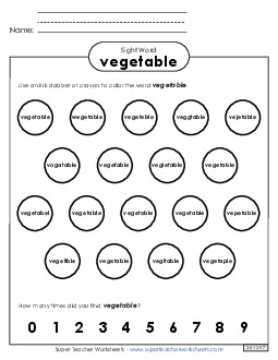 Dab or Color: Vegetable Sight Words Individual Worksheet