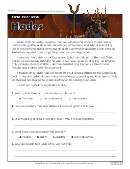 Hades Reading Comprehension Reading Comp Short Worksheet