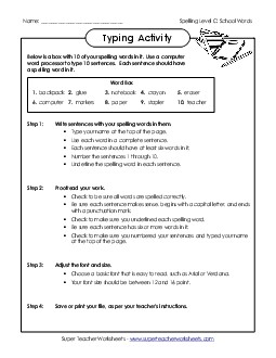 Typing Sentences (C-School Words)  Spelling C Worksheet