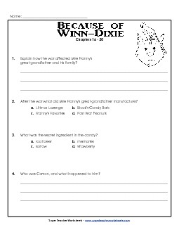 Questions for Chapters 16-20 Book Because Of Winn Dixie Worksheet