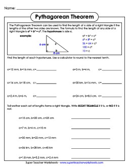 Pythagorean Theorem - No Illustrations Worksheet