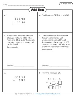 Variety Worksheet: Adding Money Addition Worksheet