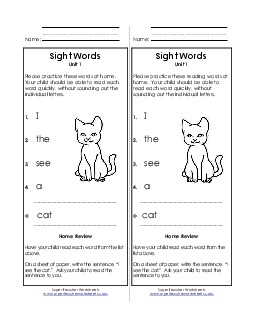 Take-Home List (Unit 1) Free Sight Words Worksheet