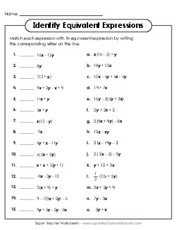 New Identify Equivalent Expressions (Matching) Worksheet