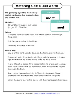 Memory Match Game (-eet) Word Families Worksheet