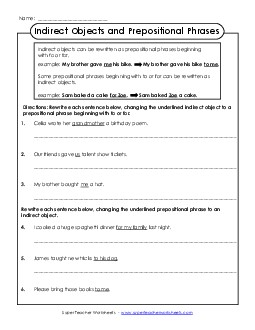 Indirect Objects and Prepositional Phrases Grammar Worksheet