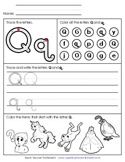 Tracing, Writing, and Recognizing Letter Q Alphabet Worksheet