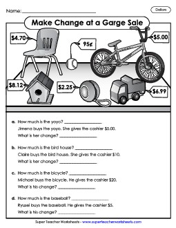 Making Change: Garage Sale (Dollars) Counting Money Worksheet