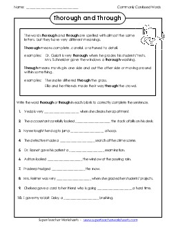 Thorough and Through  Commonly Confused Words Worksheet