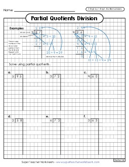 Partial Quotients (Graph Paper) 2-Digit by 1-Digit Division (No Remainders) Worksheet