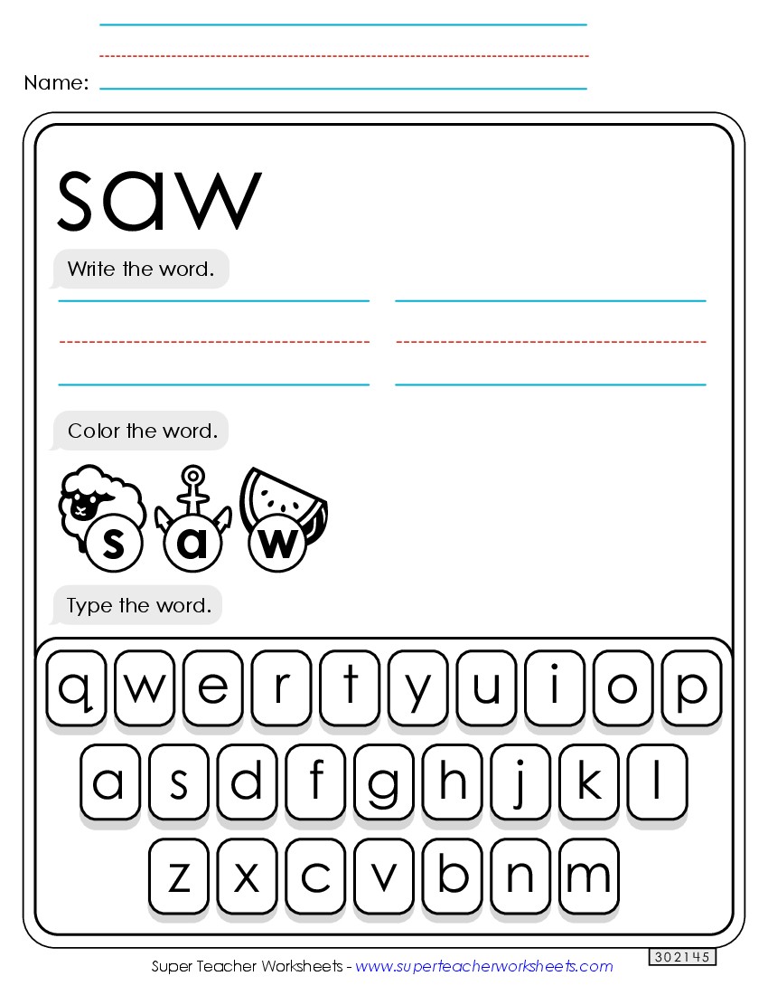 Write, Color, Type: Saw Sight Words Individual Worksheet