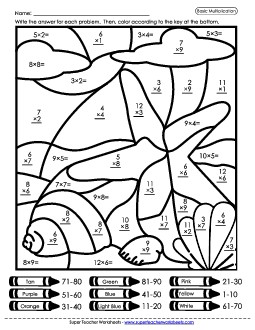 Multiplication Mystery Picture - Sea Shells Worksheet