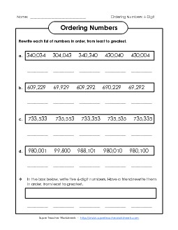 Ordering Numbers: Least to Greatest (6-Digit) Place Value Worksheet