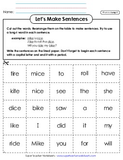 Let\'s Make Sentences: Long I Words Phonics Long Short I Worksheet