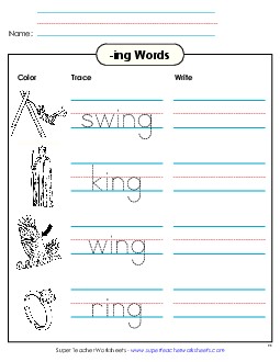 Trace and Write (-ing) Word Families Worksheet