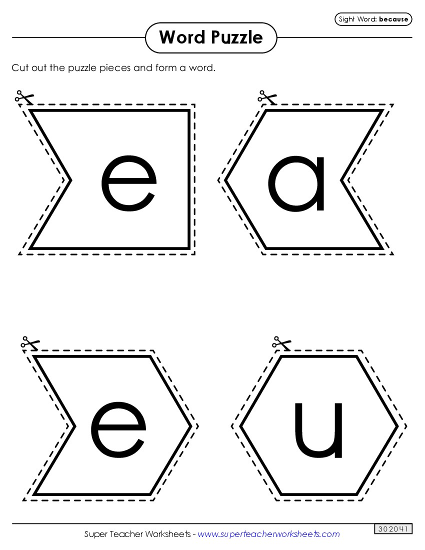 Word Puzzle: Because Sight Words Individual Worksheet