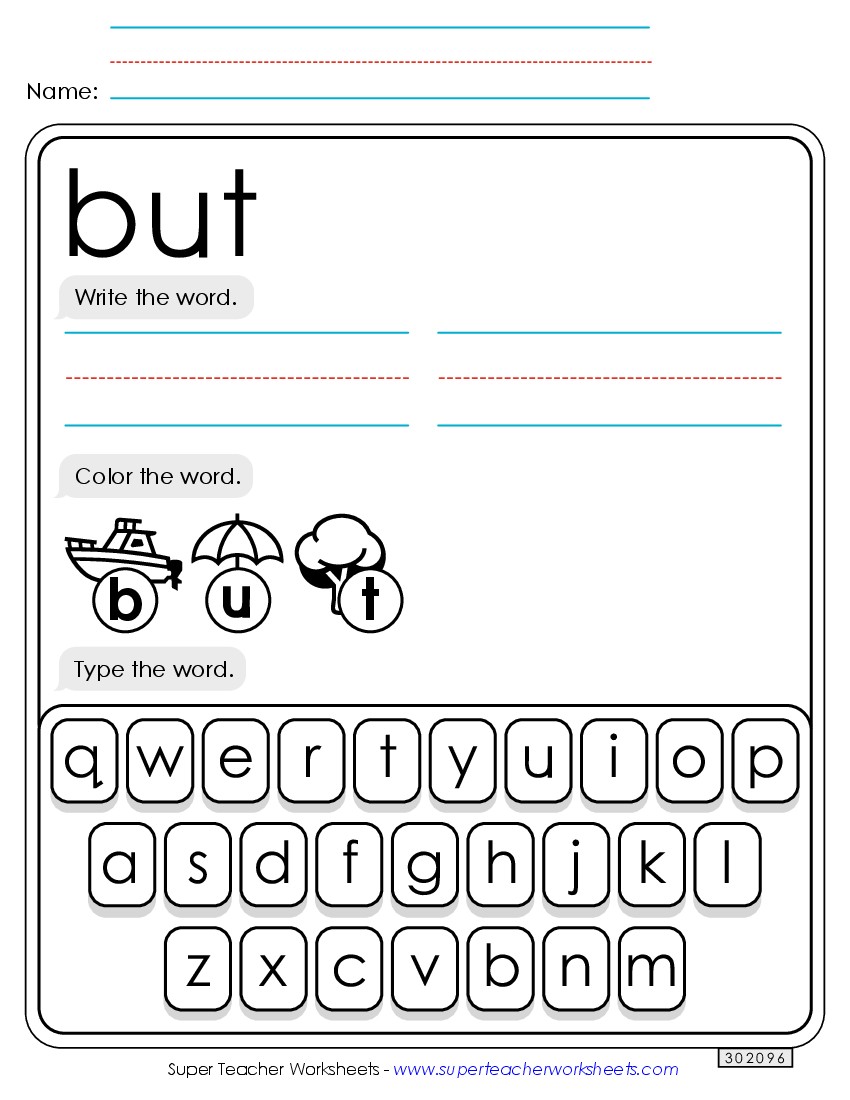 Write, Color, Type: But Sight Words Individual Worksheet