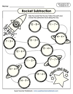 Rocket Subtraction (Minuends to 20, Answers to 10)   Worksheet