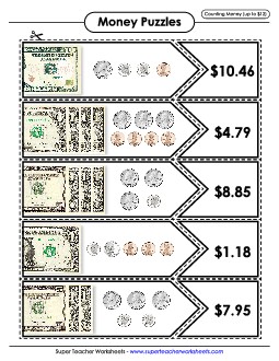 Money Matching Puzzle (Up to $12) Counting Money Worksheet