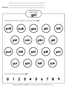 Dab or Color: Girl Sight Words Individual Worksheet