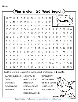 Washington, D.C. Word Search States Individual Worksheet