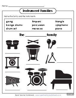 Name the Instruments: Percussion Family Music Worksheet