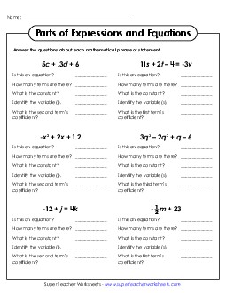 Identify Parts of Expressions & Equations Algebra Worksheet