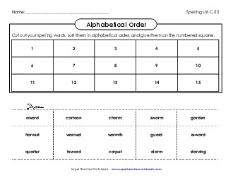 ABC Order: Cut and Glue (C-20) Spelling C Worksheet