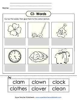 Cut and Glue (Cl- Words)  Free Phonics Blends Worksheet