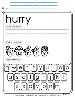 Write, Color, Type: Hurry Free Sight Words Individual Worksheet