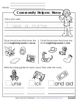 Mixed Literacy Skills: Nurse Community Helpers Worksheet