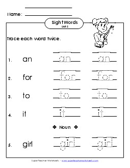 Trace Twice (Unit 5) Sight Words Worksheet