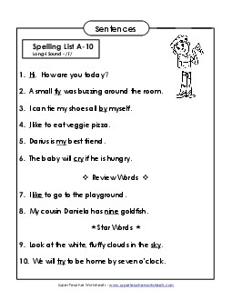 Spelling Test Sentences (A-10) Spelling A Worksheet