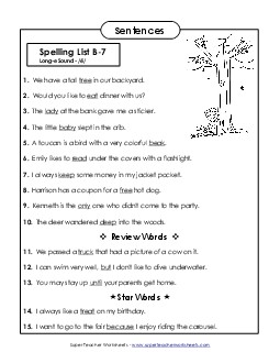 Spelling Test Sentences (B-7) Spelling B Worksheet