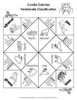 Vertebrate Classifications: Foldable Fortune Teller Animals Worksheet