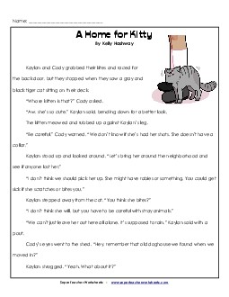 Home for Kitty 4th Grade Reading Comprehension Worksheet