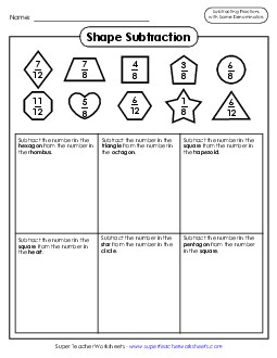 Shape Subtraction Fractions w/ Same Denominators Worksheet