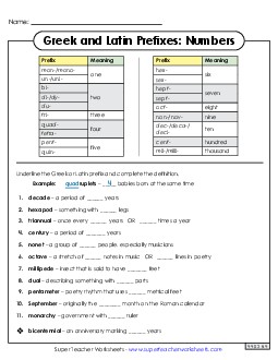 Greek & Latin Number Prefixes 6th Grade ELA Worksheet