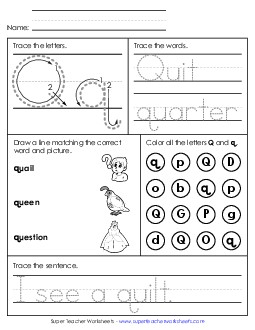 Letter Q - Mixed Skills (Intermediate) Alphabet Worksheet