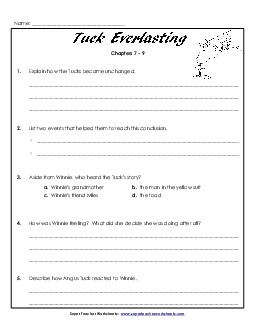 Questions for Chapters 7-9 Book Tuck Everlasting Worksheet