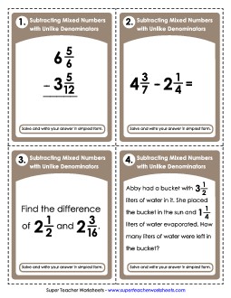 Mixed Number Subtraction (Unlike Denominators) Fractions Worksheet