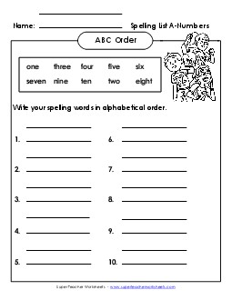 ABC Order: Write List (A-Number Words)  Spelling A Worksheet