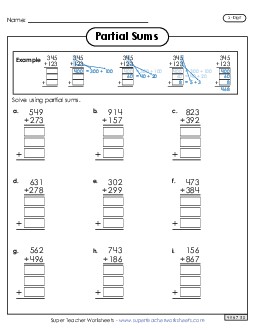 New 3-Digit Partial Sums Addition (with Example) Spanish Worksheet