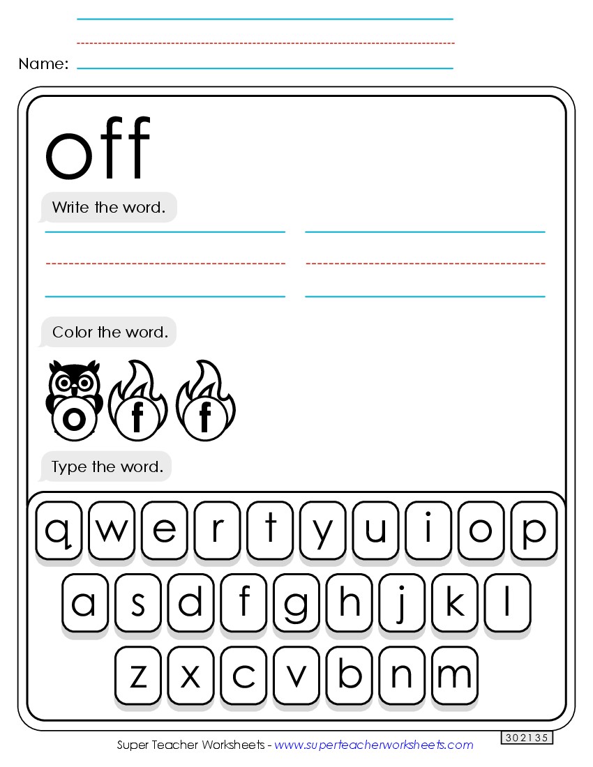 Write, Color, Type: Off Sight Words Individual Worksheet