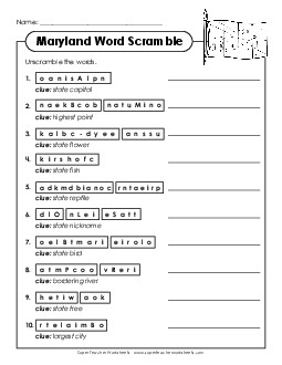 Word Scramble States Individual Worksheet