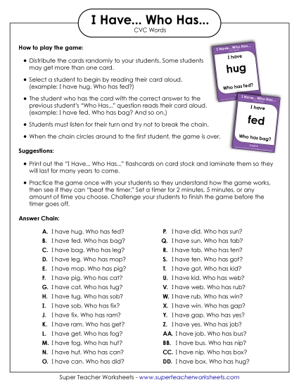 New I Have...Who Has: CVC Words Worksheet New I Have...Who Has: CVC Words Worksheet