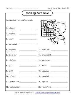 Unscramble (C-Months and Days)  Spelling C Worksheet