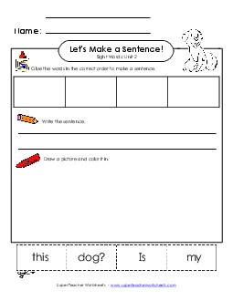 Make a Sentence Cut and Glue (Unit 2) Free Sight Words Worksheet